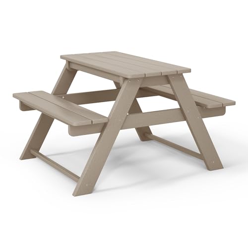 WestinTrends Malibu Outdoor Patio Kids HDPE Plastic Picnic Bench Table, Weathered Wood