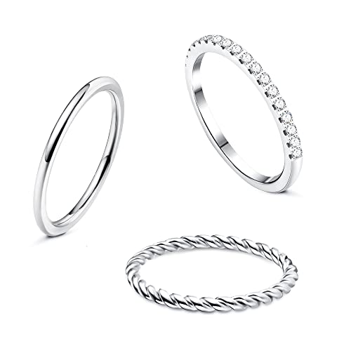 3Pcs CZ Stacking Rings for Women Stainless Steel Twisted Midi Knuckle Ring CZ Wedding Band Ring Minimalist Thin Stackable Rings Comfort Fit Size 6-10