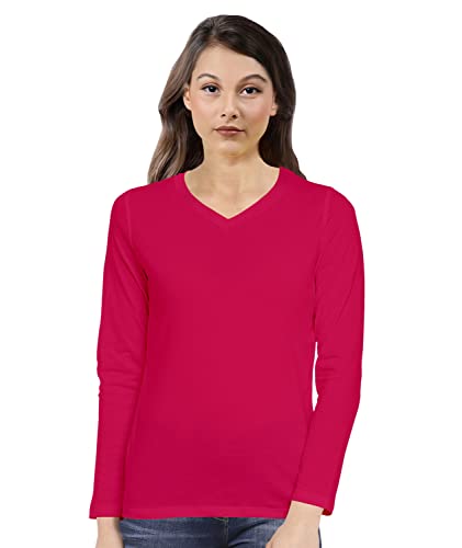 Image of Pooplu Women's Regular Fit Plain V Neck Full Sleeves Multicoloured 100% Cotton Pootlu T Shirt. Stylish, Casual Tshirts