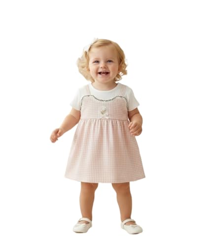 Image of A.T.U.N. (ALL THINGS UBER NICE) Baby Girls Checked Pinafore Style Dress with Inner Tee Short Sleeves | Soft Cotton Fabric | Decorative Front Bow Detail | Stylish Casual for Babies