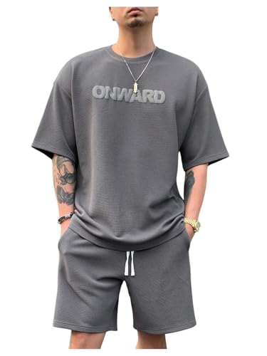 Verdusa Men's 2 Piece Summer Tracksuit Drop Shoulder Graphic Tees and Casual Shorts with Pockets