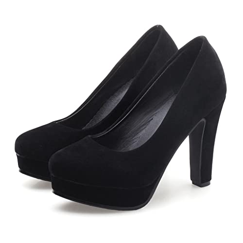 MIOKE Women's Round Toe Platform Chunky High Block Heel Pumps Suede Slip-On Casual Office Work Dress Shoes2