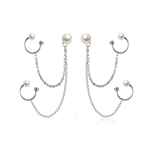 Sluynz 925 Sterling Silver Unique Double Cuff Earrings Chain For Women Teen Girls Shell Pearl Studs Earrings Pearl Cartilage Earrings #TOP5