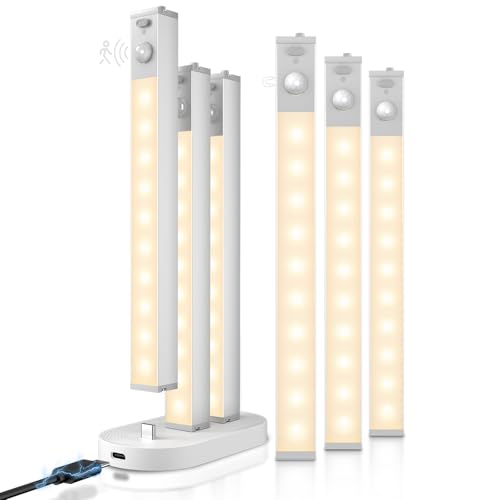 Mini-Schranklicht, 18 cm, dimmbar, 10 LEDs, mit Ladestation, 6 Stück, Schranklicht, Bewegungsmelder, Innen-Nachtlicht, wiederaufladbar, Schrankbeleuchtung für Regal, Treppen, Schrank