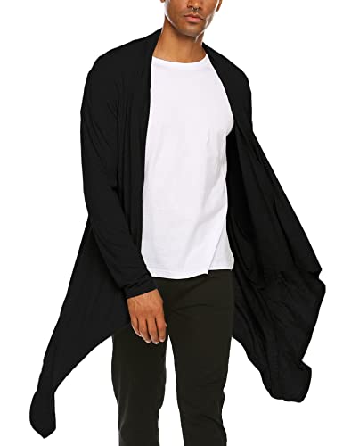 COOFANDY Men's Ruffle Shawl Collar Cardigan Long Sleeve Open Front Lightweight Long Length Drape Cape Overcoat Black