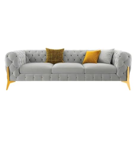 Image of Chesterfield Velvet Upholstery 3-Seater with Armchair and Footrest, Design in 3+1+Footrest Sofa for Living Room, Bedroom, Hallways (Light Grey)