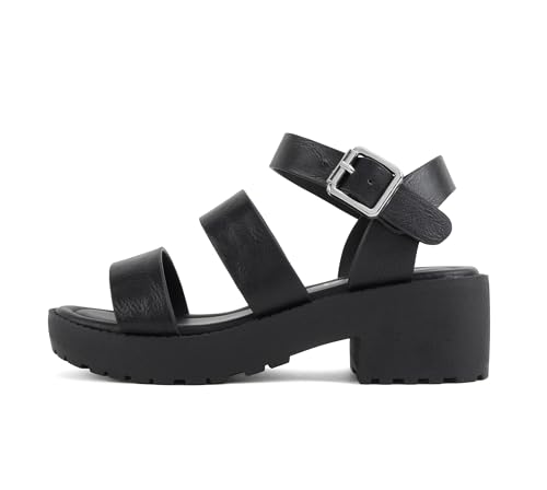 Image of Soda ACCOUNT-2 ~ Little Kids /Children /Girls Open Toe Two Bands Lug sole Fashion Block Heel Sandals with Adjustable Ankle Strap