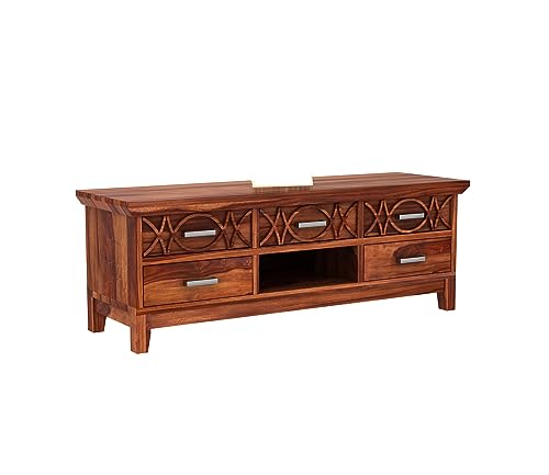 Image of Rustic Solid Sheesham Wood TV Unit Chest of Drawers for Living Room - 5 Drawers and 1 Shelf Storage - Accommodates up to 65-Inch TV (Jace, Honey Finish)