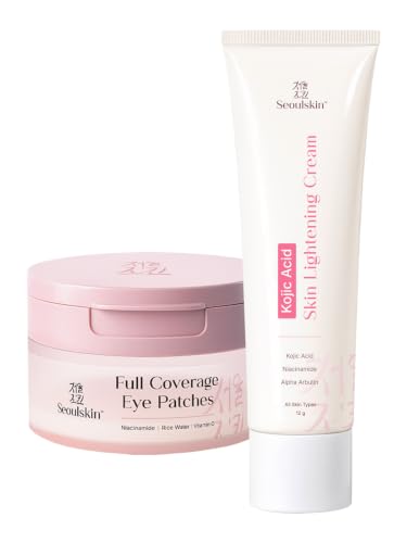 Image of Seoulskin Brightening Skincare Combo | Kojic Acid Skin Lightening Cream with Niacinamide & Alpha Arbutin + Full Coverage Eye Patches with Niacinamide, Rice Water & Vitamin C | For Dark Spots, Pigmentation, Dark Circles & Fine Lines | Hydrating Skincare Set for Men & Women