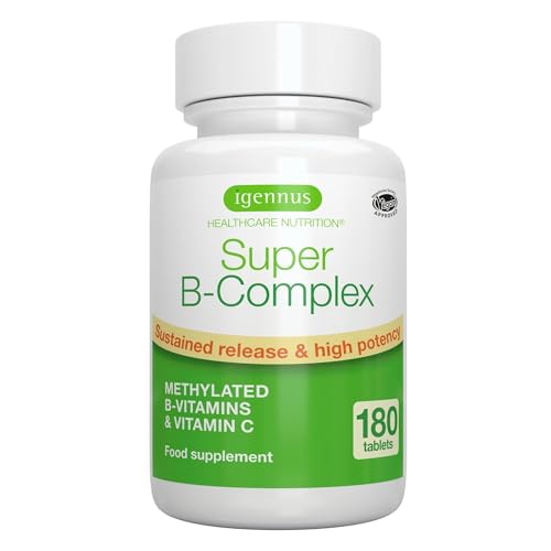 Vitamina B Complex - Complejo B Metilado,180 Comprimidos, Vitaminas B1, B2, B3, B5, B6, B7, B12 Metilcobalamina, Metilfolato y Vitamina C, Alta Absorción y Liberación Prolongada, Vegano - Igennus