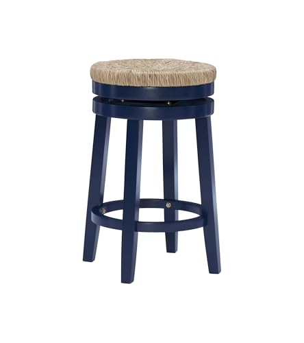 Powell Linon Maya 25" Round Swivel Counter Stool with Seagrass Seat in Navy Blue Wood