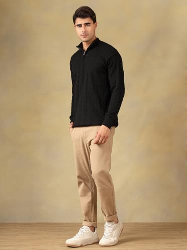 Image of Kvetoo Men's Wool High Neck Zipper Sweater, Full Sleeve Cable Knit Quarter Zip Winter Pullover