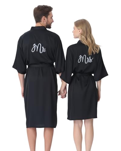 Image of Jecery 2 Pcs Satin His and Hers Robes Set Mr. Mrs. Silk Matching Robe for Couples Women Man Wedding Engagement Bridal Gift