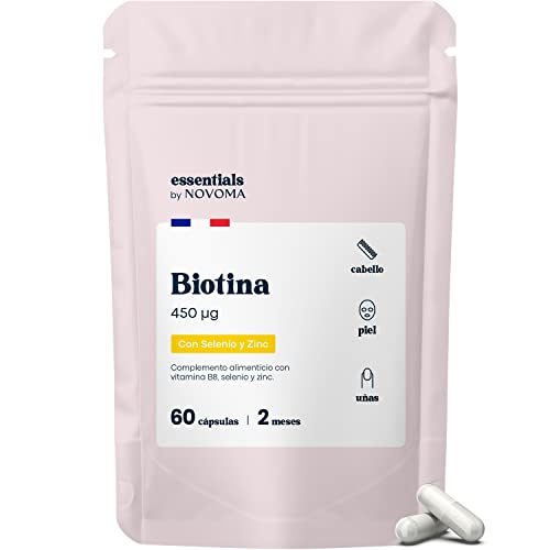 Biotina, Zinc & Selenio, Alta Dosis de Biotina para el Cabello, Piel y Uñas, 60 Cápsulas Veganas para 2 Meses, Vitaminas para el Crecimiento de Cabello, Essentials by Novoma