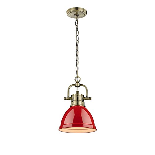 Exclusive Discount 90% Price Golden Lighting 3602-M1L AB-RD Duncan Mini Pendant, 6.5 L x 6.5 W x 10.25 H, Aged Brass with Red Shade