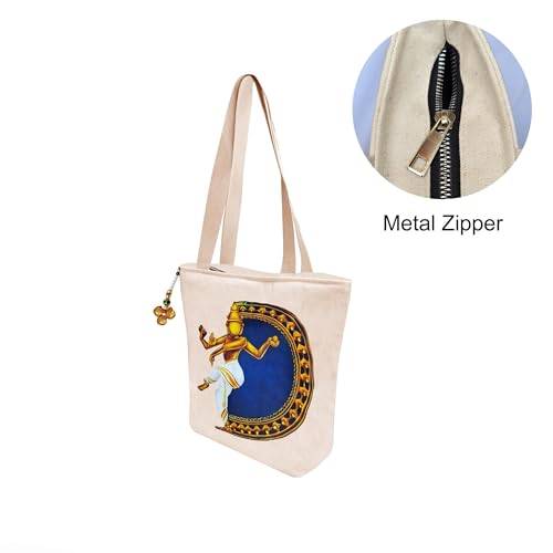 Image of Hand-Printed Tote Bag with Classical Design-Reusable, Zipper Closure For Women & Girls
