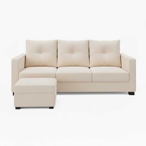 Image of FURNY Amonster 4 Seater L Shape Sofa Set with Movable Ottoman | Flexible Left or Right Layout | Plush Velvet Fabric (Cream) | Perfect for Living Room, Guest Room & Office