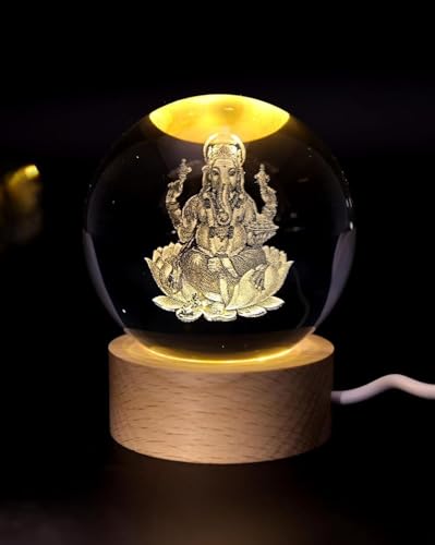 Image of STARKENDY3D Ganpati Crystal Ball LED Night Lamp, Creative Engraved Night Light Wooden Base, Warm White Decorative Table Lamp for Home, Office, Bedroom, Birthday Gift
