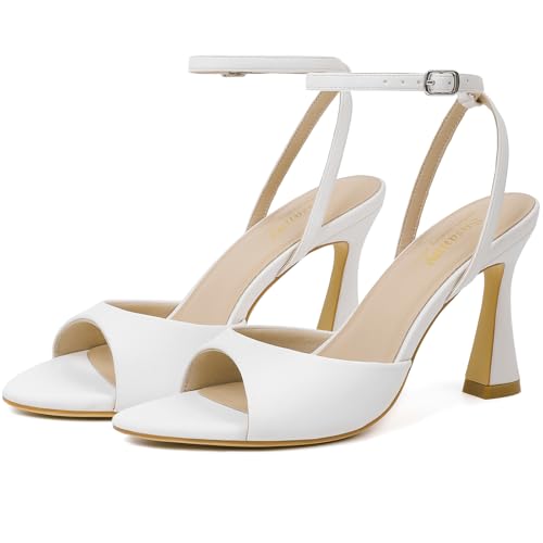 Image of Susanny High Heels for Women Pointed Open Toe Strappy Chunky Block Heels Ankle Strap Stiletto Kitten Heeled Sandals Wedding Bridal Party Prom Sexy Dress Shoes