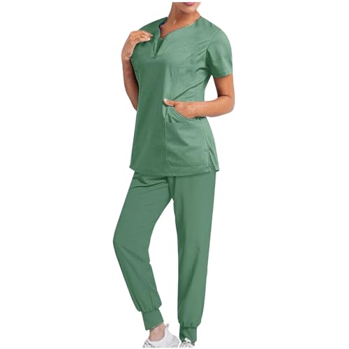 Conjunto uniformes ropa Trabajo Mujeres Pantalones Largos múltiples bolsillos Manga Corta cremallera Cuello A-069 Mint Green Small