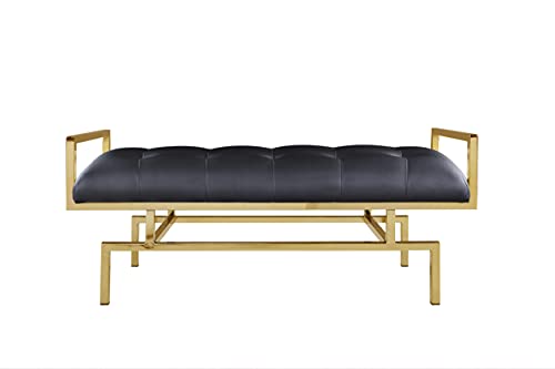 Iconic Home Bruno Pu Leather Modern Contemporary Tufted Seating Goldtone Metal Leg Bench, Black #TOP4