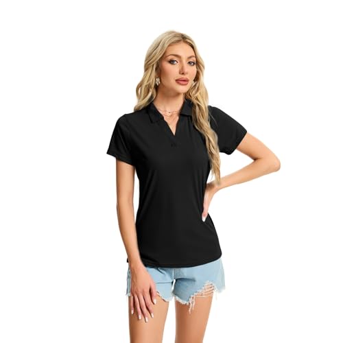 Poloshirt Damen Kurzarm UPF 50+ Sonnenschutz V-Neck Elegante UV Tshirt Basic Polohemd Sommer Top Schnell Trocknende Golfen Tennis Sport Shirt (BK,XL)
