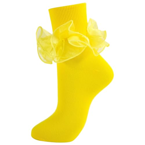 Image of Women Big Ruffle Ankle Socks Adult Double Lace Frilly Socks Fold Cuff Cotton Ruffled Dress Crew Bobby Bride Sock