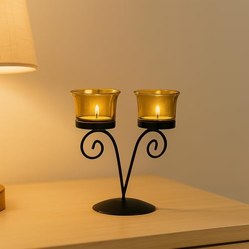 Image of MARKET 99 Metal+Glass 2 Votive T- Light Holder | Elegant Home Decor for Diwali, Christmas, Birthday, and Wedding | Decorative Candle Holder for Ideal for Festive & Ambient Lighting | Black & Golden