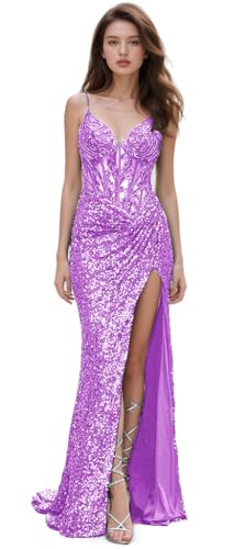 Spaghetti Strap Sequin Prom Dresses with Slit 2026 Sparkly Lace Appliques Mermaid Formal Evening Gown for Women