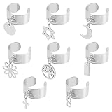 Contenu du paquet:Vous recevrez 8 bague à breloques, Ils sont disponibles dans 8 style de pendentifs tels que l'Arbre de Vie, fleur, cercle, lune, Croix et plus. Anneau d'environ 10mm de large, 17~18mm de diamètre intérieur .