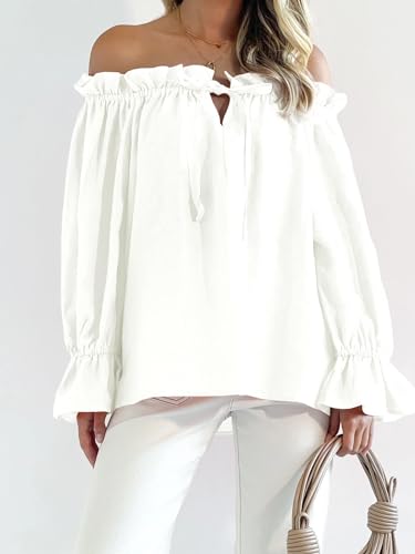 Imily Bela Womens Off The Shoulder Tops Puff Long Sleeve Tie Front Loose Fit Ruffle Shirts Blouses3