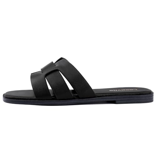 Image of Flat Sandals for Women Comfortable Slip On Dressy Summer Leather Slides with Square Open Toe