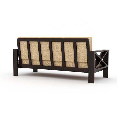 Image of Sheesham Wooden 6 Seater Sofa for Living Room | Rosewood 6 Seater Cushion Sofa X-Legs | Solid Wood Sofa Set for Lounge (3+2+1,Walnut)