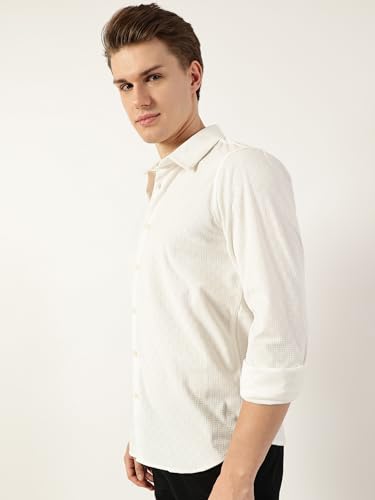 Image of Thomas Scott Men's | Solid | Textured Fabric | Full Sleeve | Slim Fit | Polyester-Blend | Spread Collar | Casual Shirt