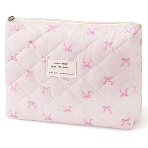 MZLUWM Large Travel Quilted Makeup Bag，Cute Bow Cotton cosmetic bag, Fashionable aesthetic makeup bag,Coquette Aesthetic Floral Travel Toiletry Bag for Women