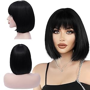 Perücke Schwarz Bob Kurze Schwarze Perücke für Damen Fasching Cosplay Party Tägliche Verwendung Verstellbare Größe 12 Zoll Länge Glatte Synthetische Fasern Einfache Anwendung
