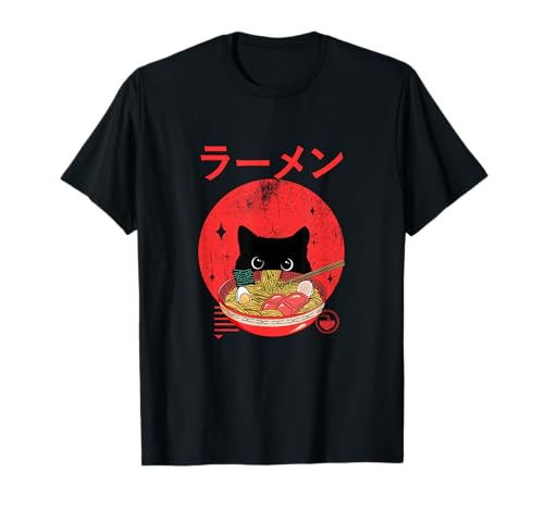 Kawaii Cat Eating Ramen Japanese Neko Anime Style Noodles T-Shirt
