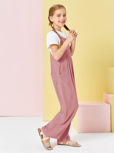 Image of Haloumoning Girls Overalls Kids Casual Sleeveless Wide Leg Jumpsuit Loose Rompers with Pockets 5-14 Years