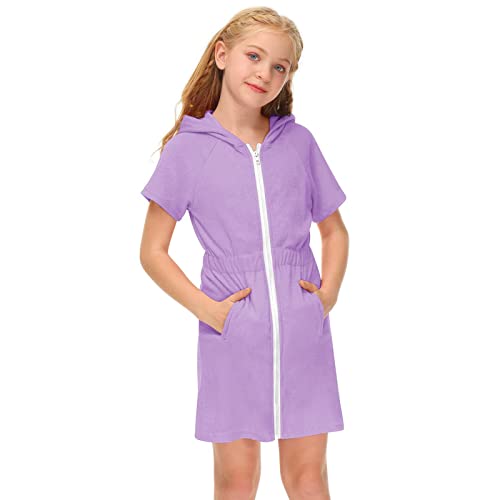 Mercatoo Girl's Swimsuit Zip Up Terrys Cover Up Hooded Bathrobe with Pockets Short Sleeve Bathing Suit Toddler Dress Cardigan (Purple, 6-7 Years)