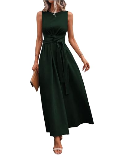 QUNERY Vestidos Mujer Verano Elegante Largo Vestido Playa Verano Sin Mangas Casual Vestido con Bolsillos Verde M