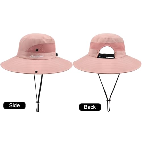 DRESHOW Women Sun Hat Outdoor UV Protection Hat Foldable Mesh Wide Brim Fishing Ponytail Beach Bucket Hats