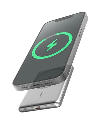 Batería Externa Inalámbrica Magnética Compatible con MagSafe, 5000mAh, Carga Inalámbrica 15W, USB-C Power Delivery 20W, Compatible con iPhone 12-17 y AirPods, Gris