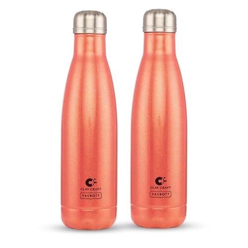 Image of Clay Craft Vacbott Stark Sparkle Double Walled|18 Hours Hot and 24 Hours| Cold Water Bottle Vacuum Insulated Flask Bottle|500 ml, 2 Piece, Water Bottles for School, Home, Gym, Leakproof