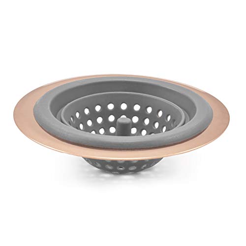 COOK with COLOR Sink Strainer, Kitchen Sink Drain Strainer, Easy to Clean Silicone Drain Basket with Copper Rim (Grey)