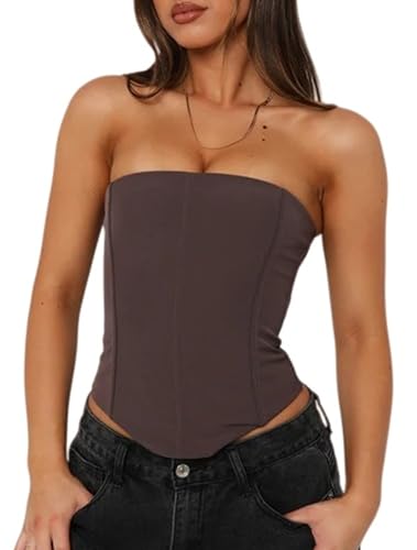 Thseonde Women Backless Corset Top Lace Up Stretch Bustier Going Out Tops Strapless Tube Boned Bodyshaper Overbust(Brown S)
