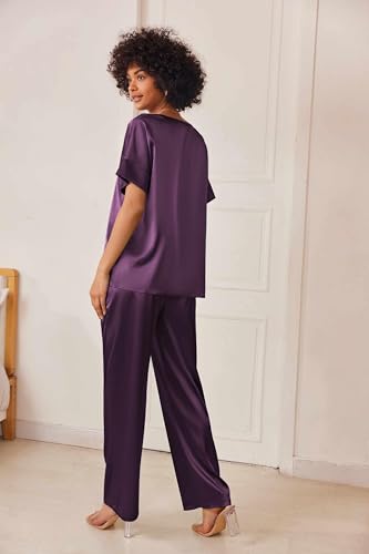 Image of Ekouaer Mens Satin Pajamas Set Button-Down Short /Long Sleeve Shirt Top Soft Silk Sleepwear Loose Pocket Pant Loungewear