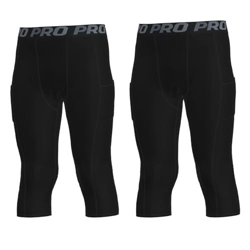 YUSHOW Boys Compression Pants 3/4 Length with Pocket Quick Dry Basketball Tights Boys Leggings for Athletic Running Sports