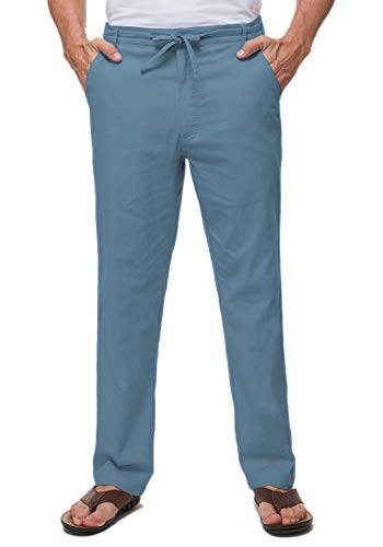 Janmid Men Casual Beach Trousers Linen Summer Pants Denim Blue L #TOP1