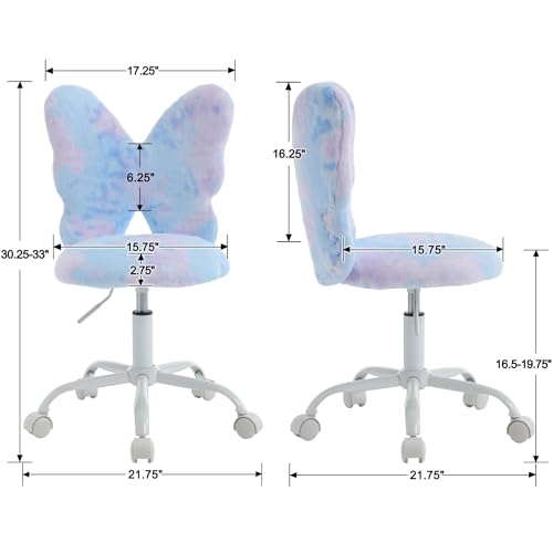 Image of Kmax Adjustable Kids Butterfly Chair - Plush Faux Fur Swivel Office Desk Chair with Wheels, Ergonomic Children's Study Seat for Bedroom, Reading Room, Playroom - Dreamy Blue Design