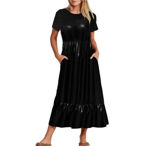 Vestido largo de uso diario con cuello redondo y falda fluida con volantes